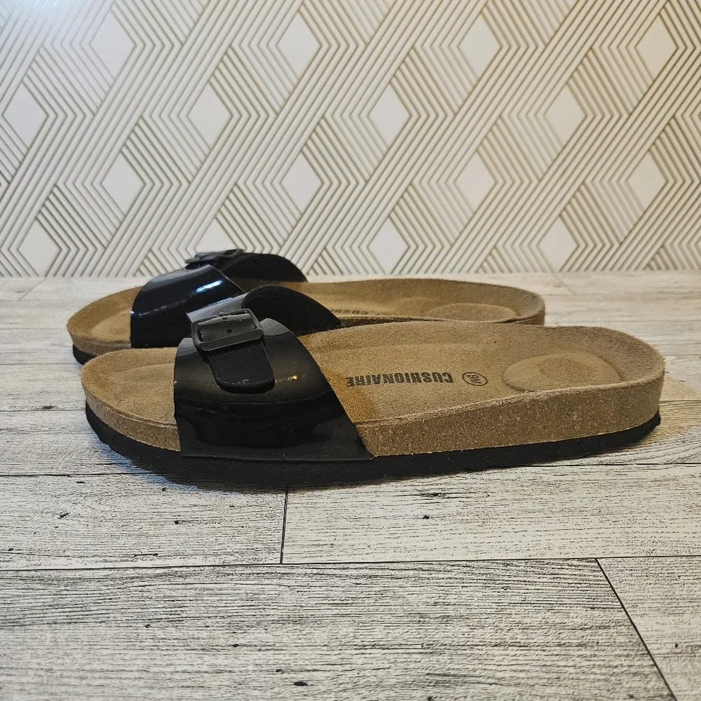 Cushionaire Slide Sandals Black Patent Leather Size 9